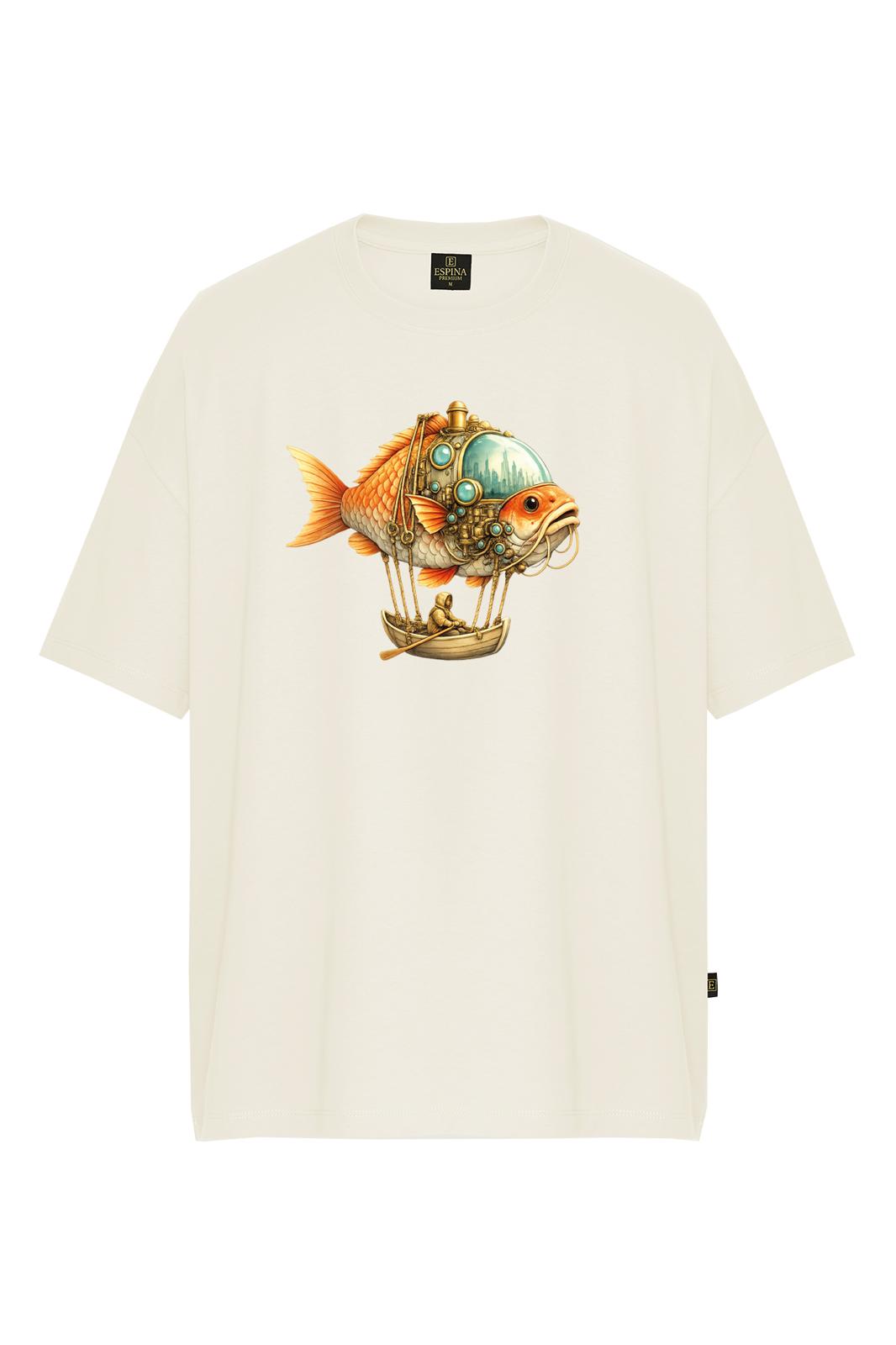 Erkek Steampunk Balık Baskılı Oversize Kısa Kollu Tişört