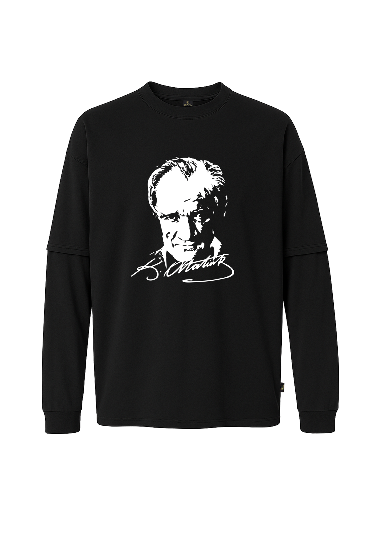 Atatürk Portre ve İmza Baskılı %100 Pamuk Çift Kollu Unisex Tişört – Siyah
