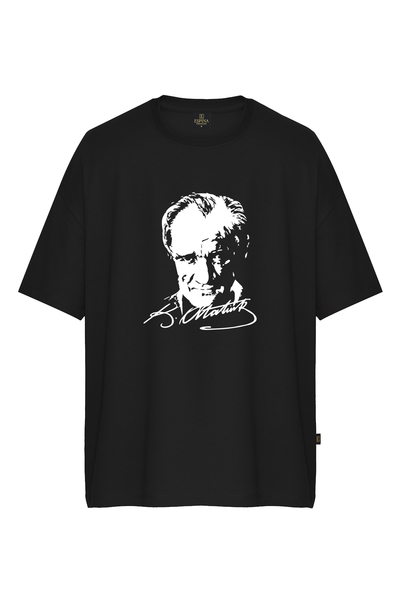 Atatürk Portre ve İmza Baskılı Siyah Oversize %100 Pamuk Unisex Tişört