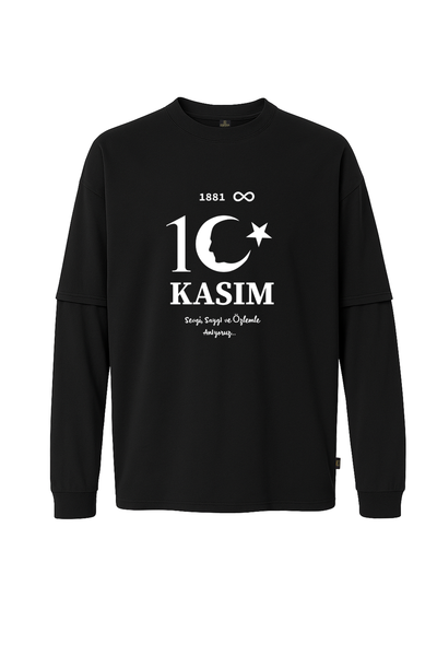 10 Kasım Atatürk Baskılı %100 Pamuk Çift Kollu Unisex Tişört – Siyah