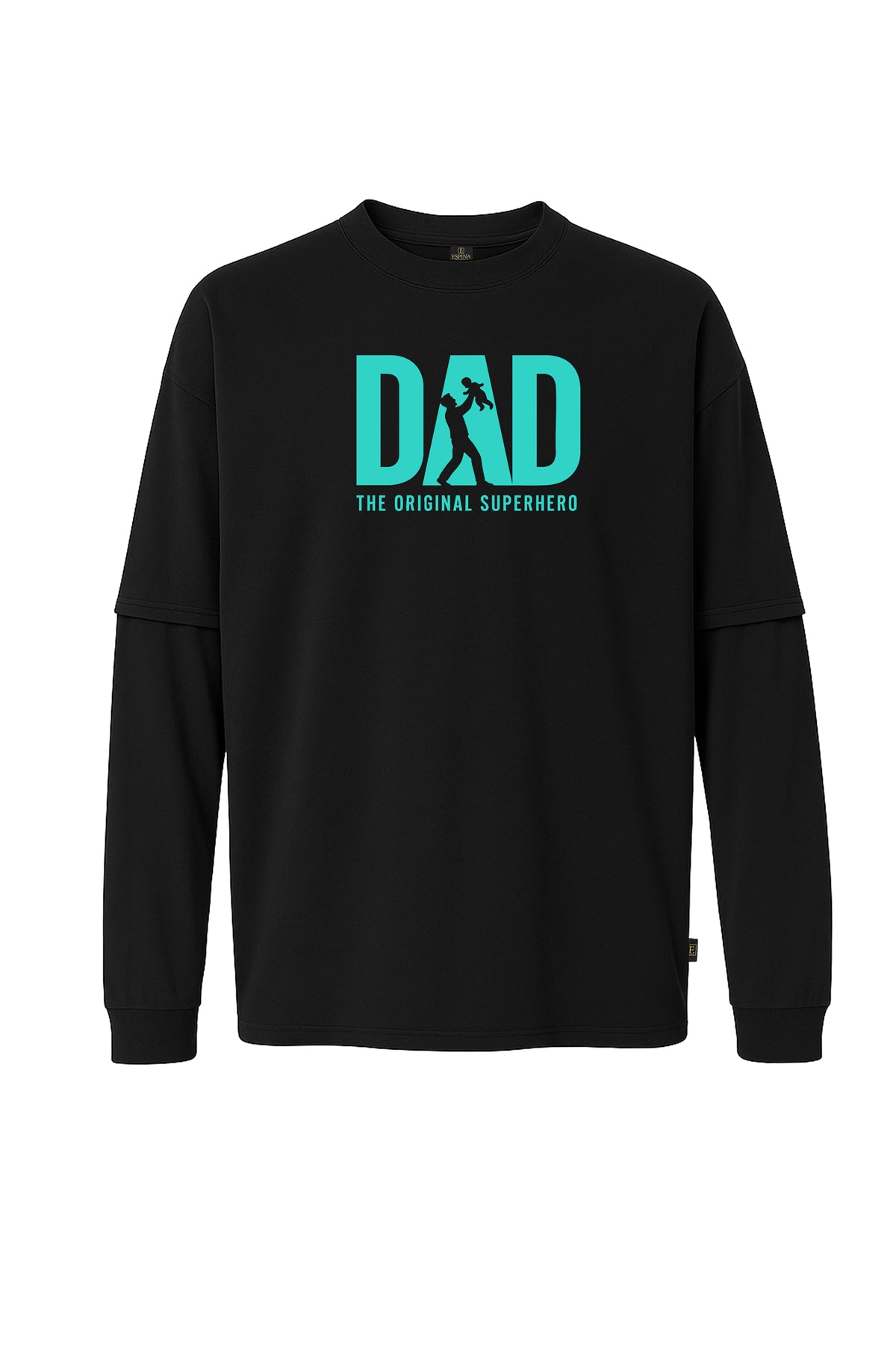 Uzun Kollu Dad Super Hero Turkuaz Baskılı Oversize Tişört