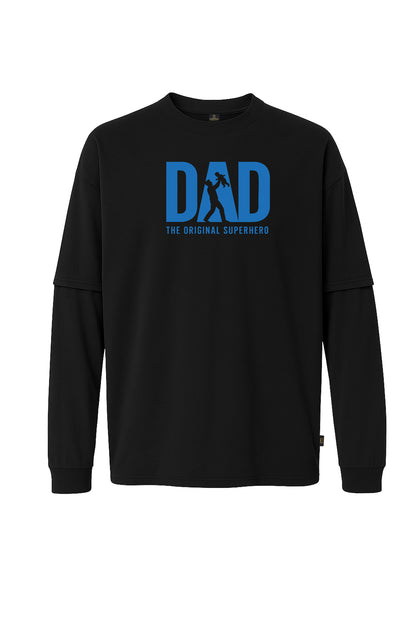 Uzun Kollu Dad Super Hero Mavi Baskılı Oversize Tişört