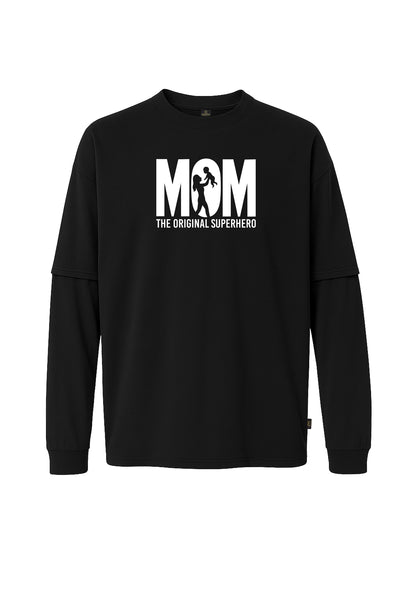 Mom Super Hero Beyaz Baskılı Çift Kollu Tişört