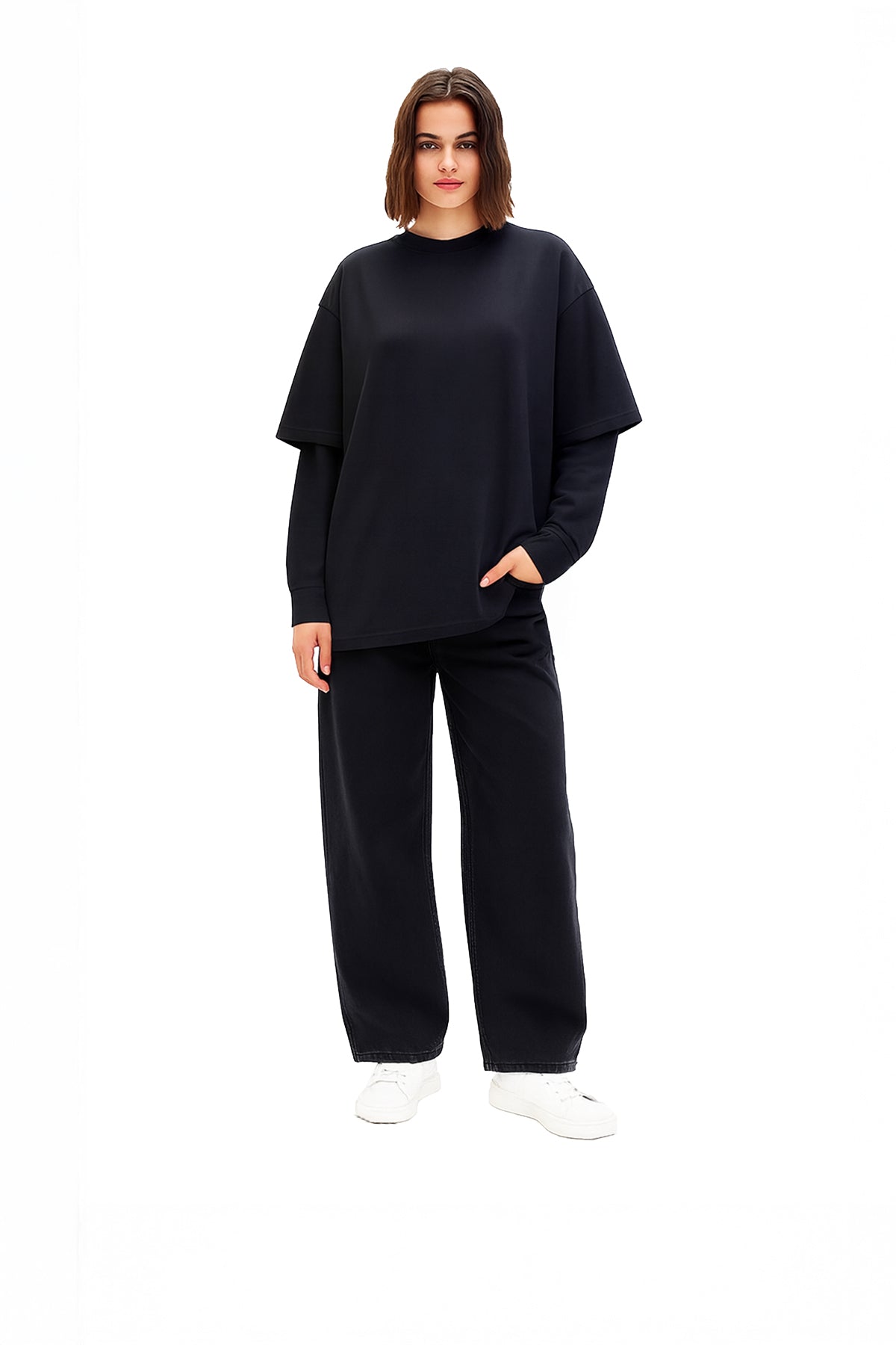 Çift Kollu Basic Oversize Tişört Siyah