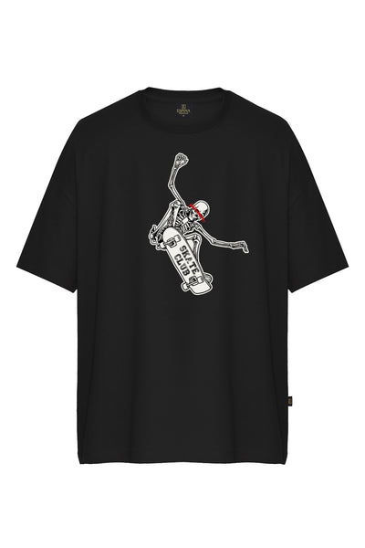 Erkek Skate Club İskelet Baskılı Oversize Kısa Kollu Tişört