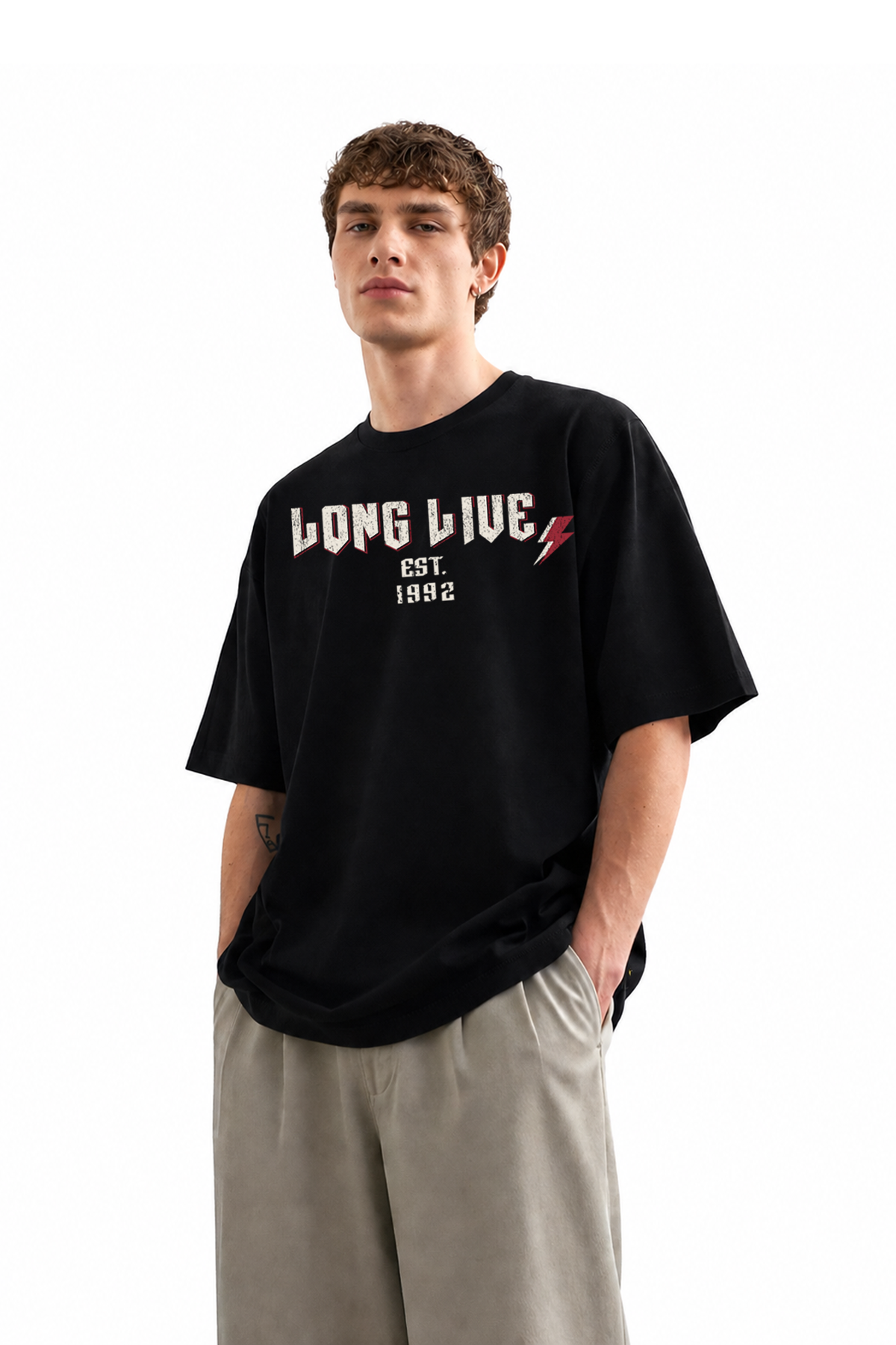 Erkek Long Live 1992” Baskılı Oversize Kısa Kollu Tişört