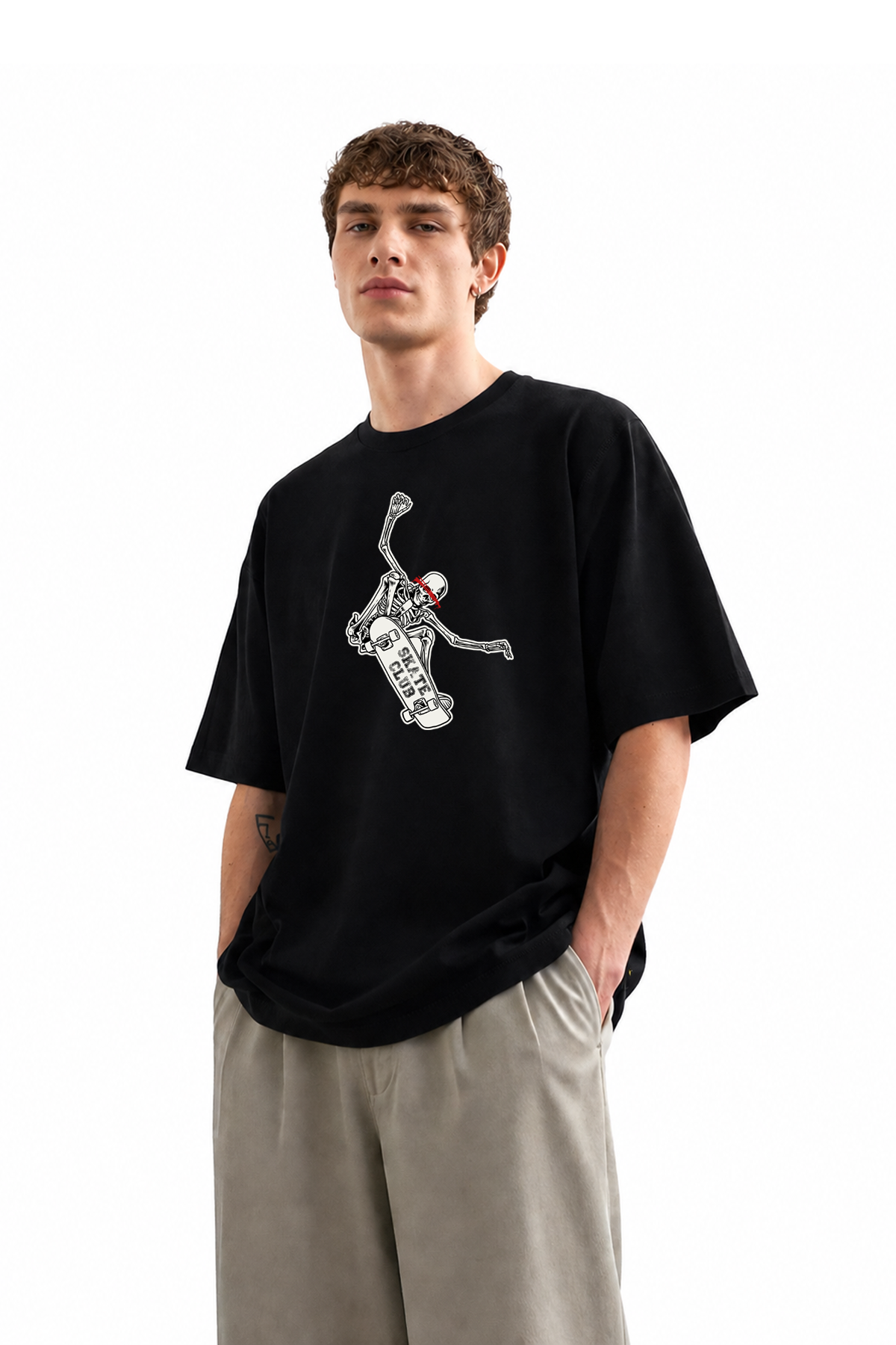 Erkek Skate Club İskelet Baskılı Oversize Kısa Kollu Tişört