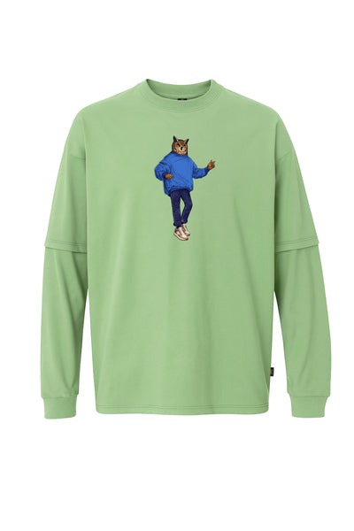 Baykuş İnsan Baskılı Çift Kollu Oversize Tişört