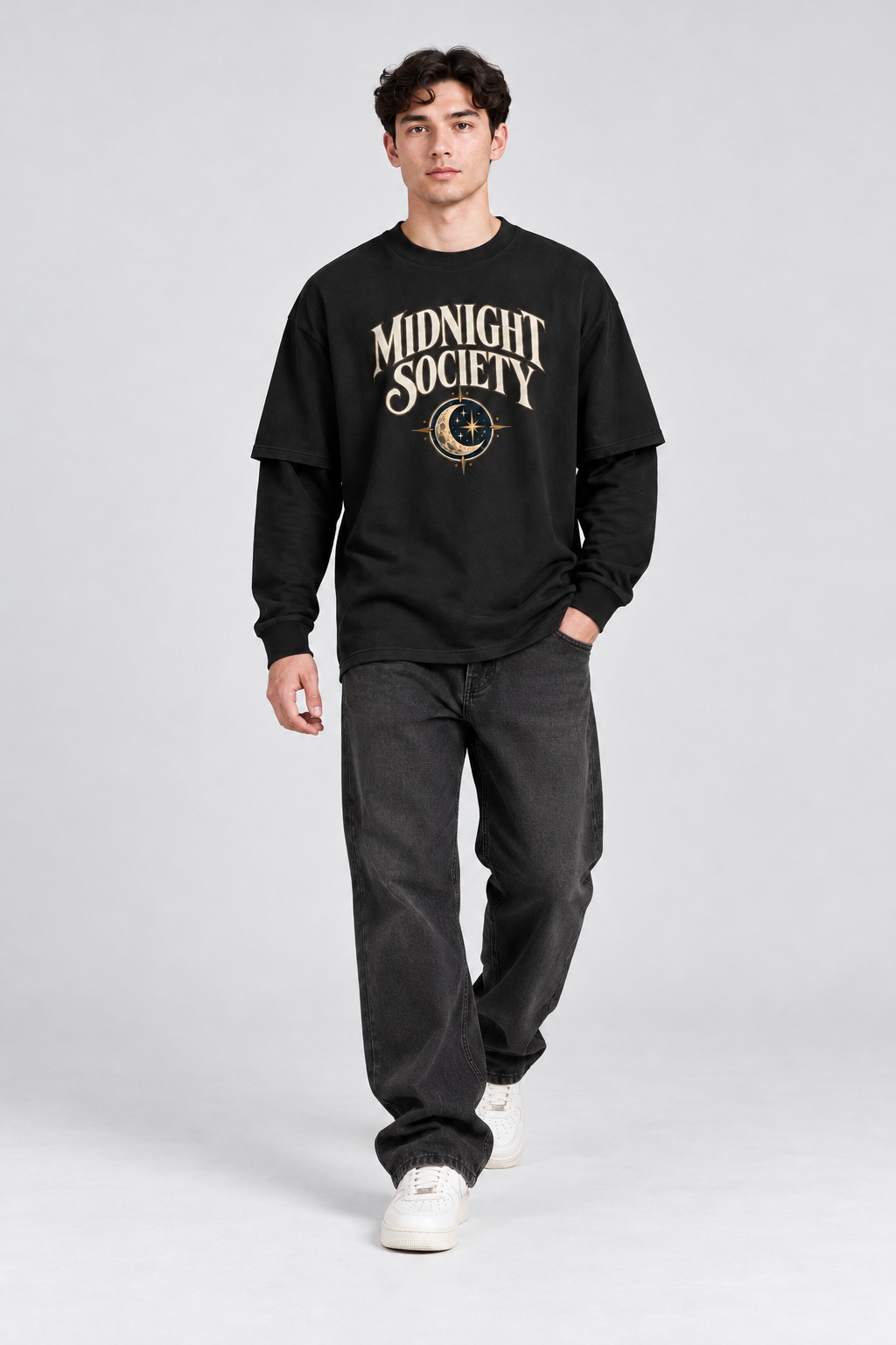 Midnight Society Ay Baskılı %100 Pamuk Çift Kollu Oversize Tişört