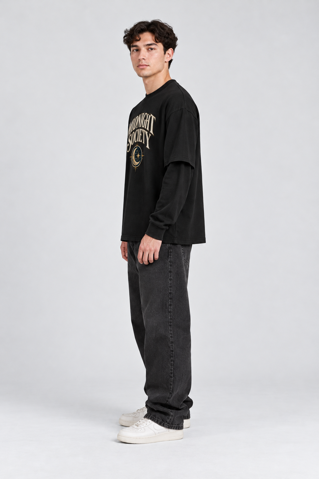 Midnight Society Ay Baskılı %100 Pamuk Çift Kollu Oversize Tişört