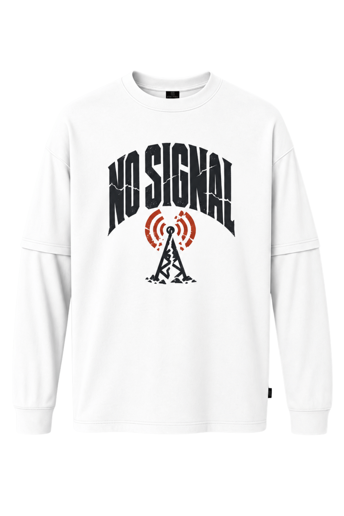 No Signal Baskılı %100 Pamuk Çift Kollu Oversize Tişört