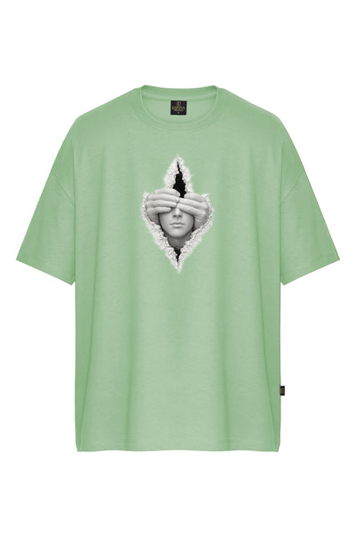 Çatlak Duvar Efektli Yüz Baskılı Oversize Kısa Kollu Tişört