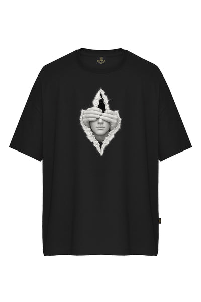 Çatlak Duvar Efektli Yüz Baskılı Oversize Kısa Kollu Tişört