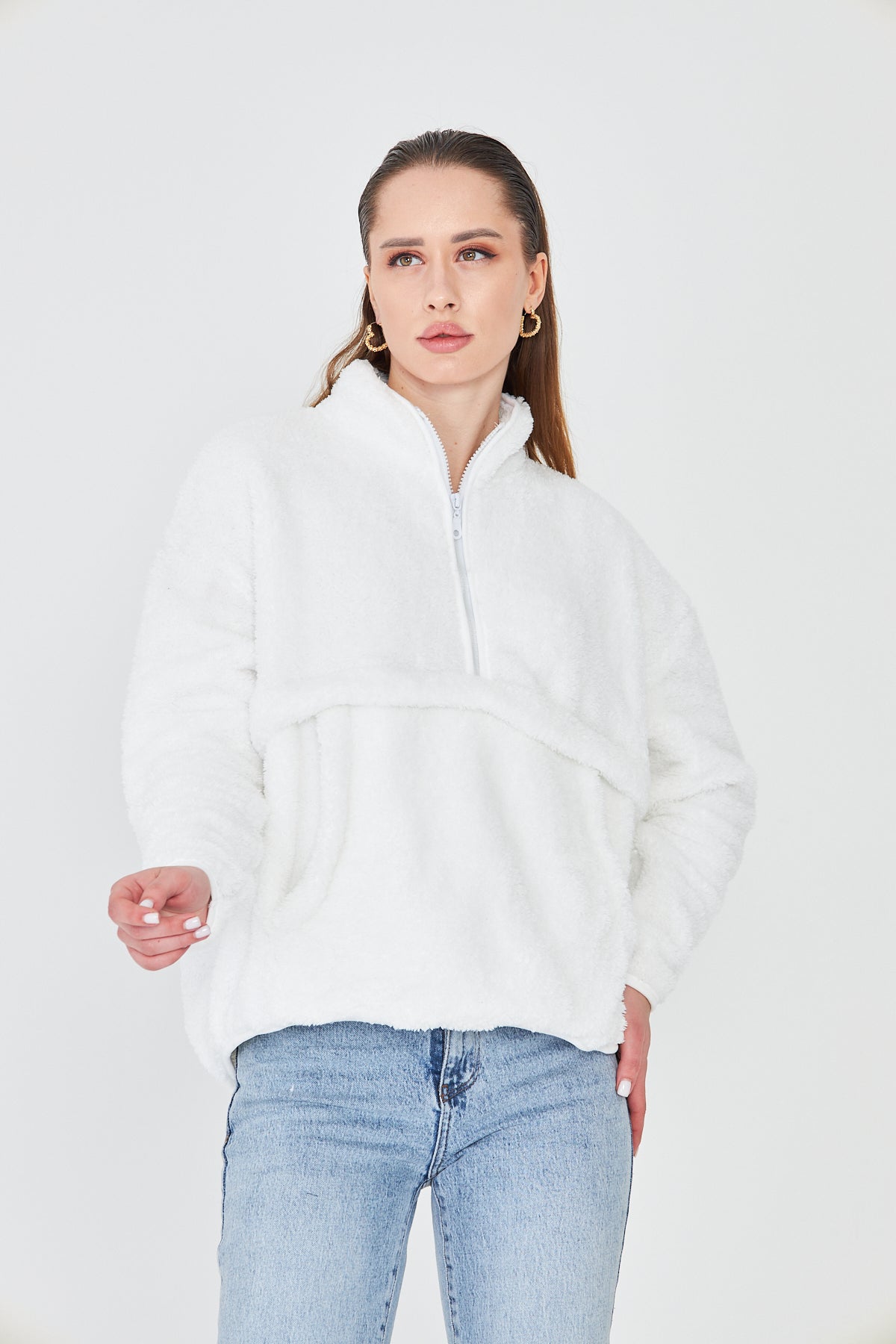 Kadın Peluş Fermuarlı Sweatshirt