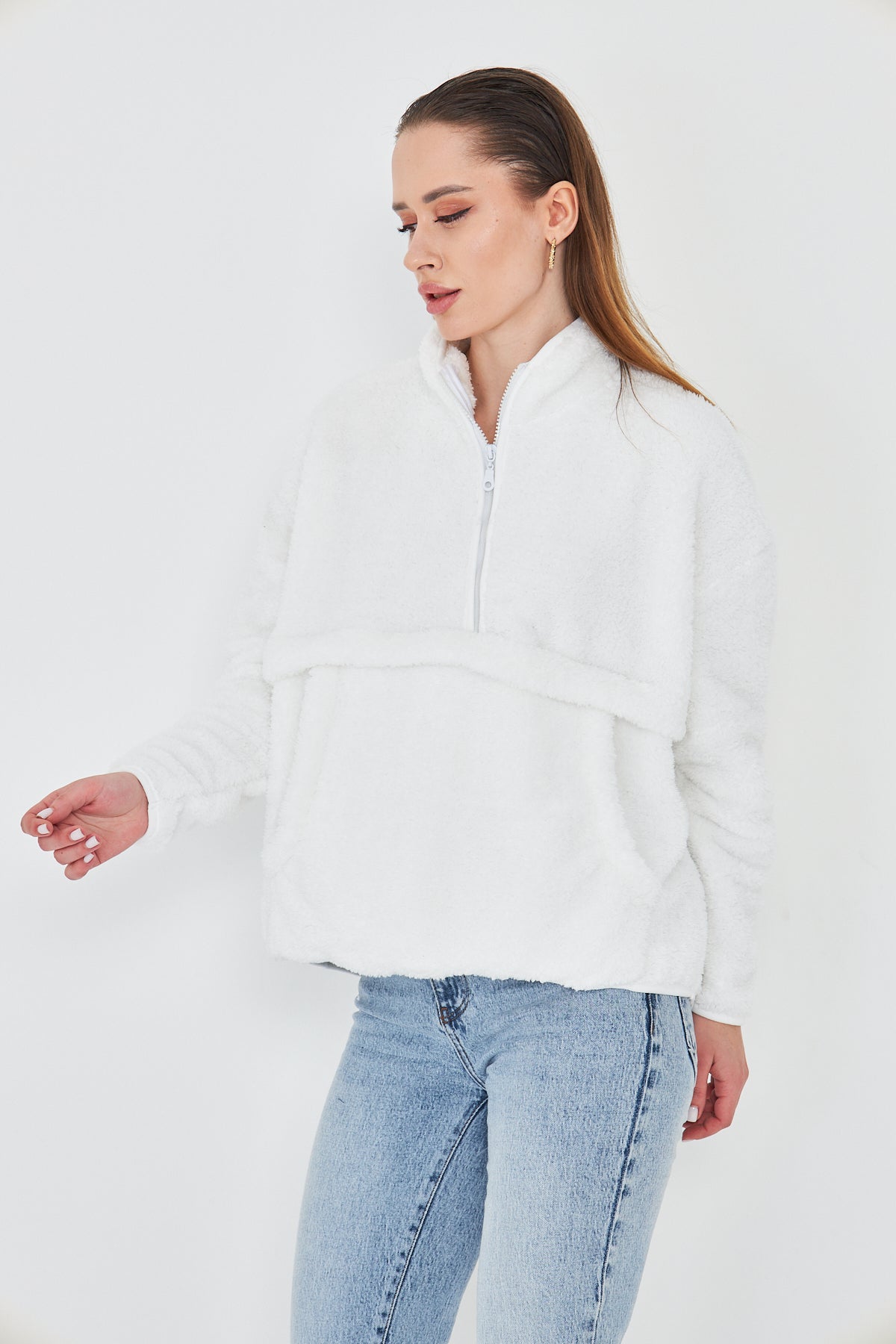 Kadın Peluş Fermuarlı Sweatshirt