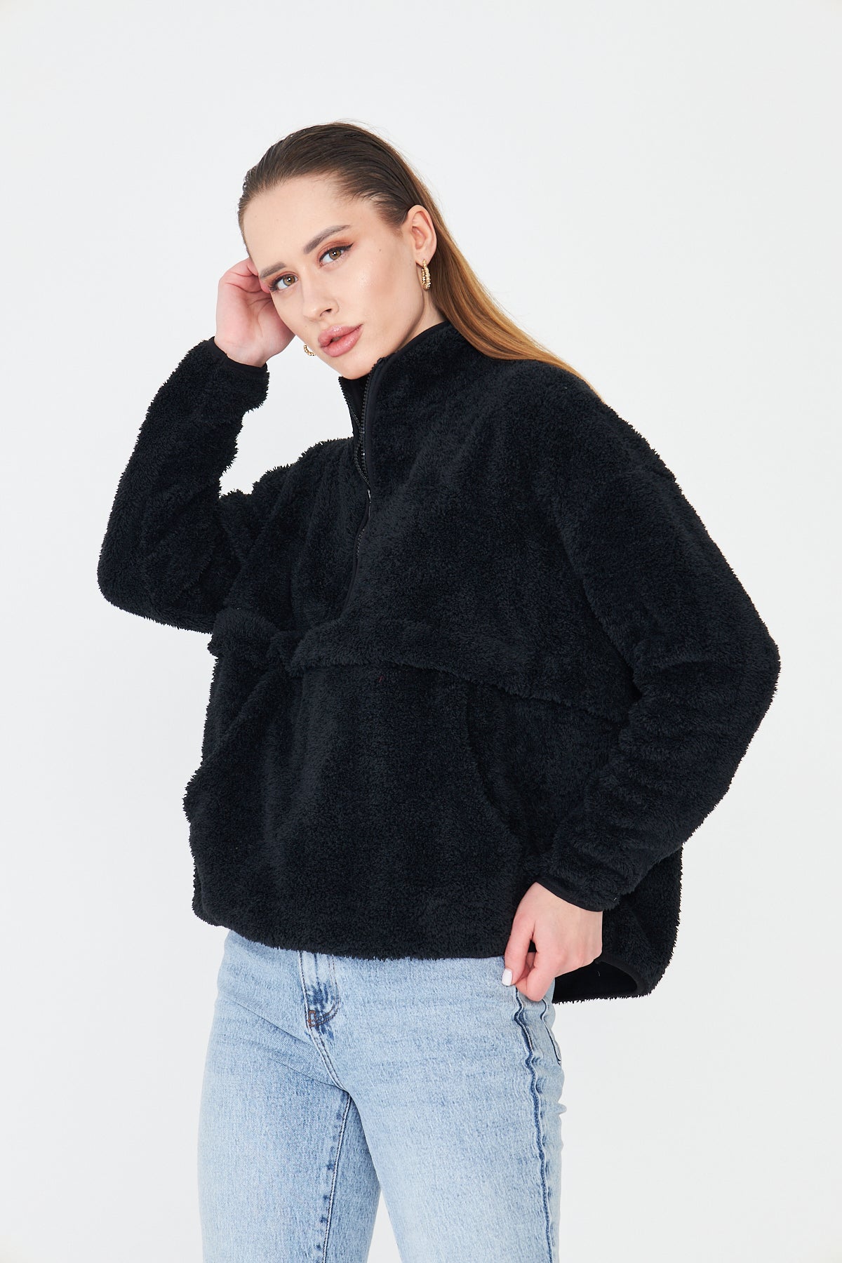 Kadın Peluş Fermuarlı Sweatshirt