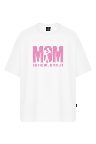 Oversize MOM The Original Superhero Baskılı Kısa Kollu Tişört